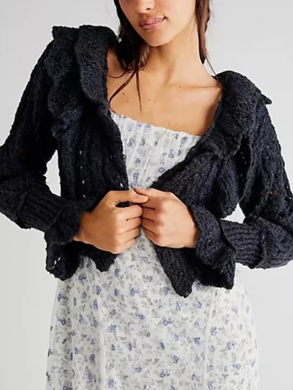 Free People NWT Avery Cropped Cardigan in Black size XS Crochet Knit Bohemian